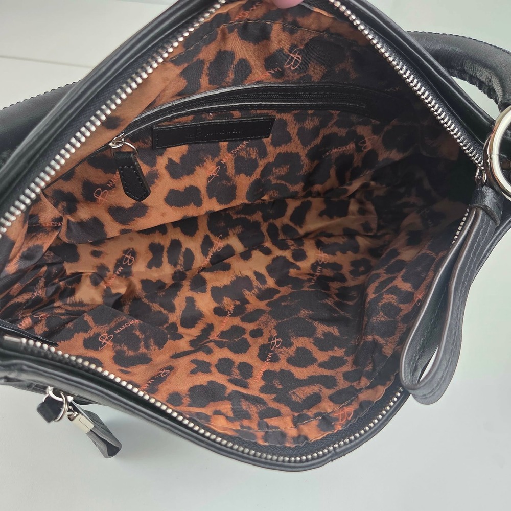 B. Makowsky Black Leather Hobo Shoulder Bag Leopard Print Lining - Picture 8 of 16